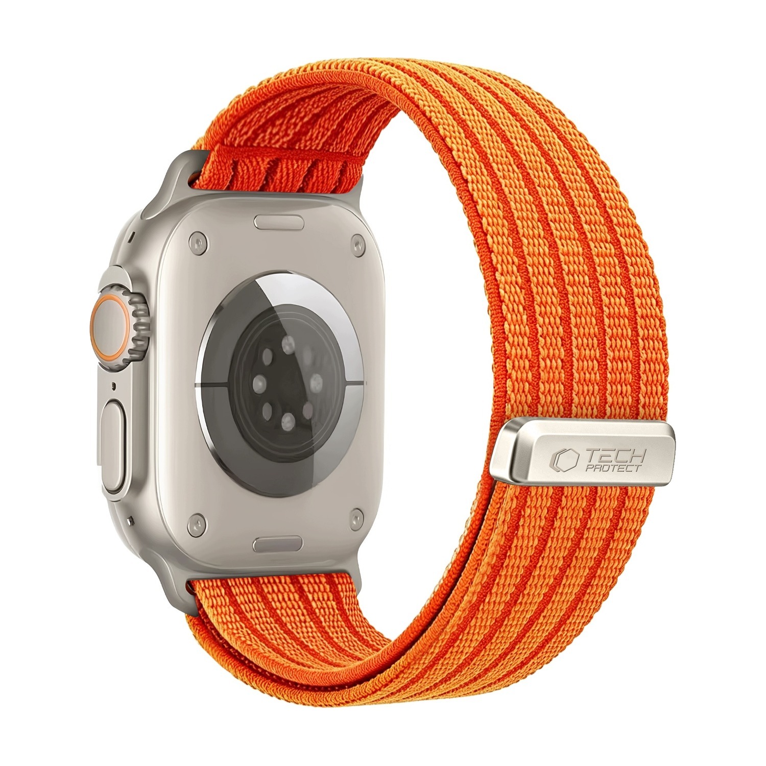 Tył Apple Watch Ultra z pomarańczowym (Orange) paskiem Nylon Sport – metalowa klamra z logo Tech-Protect