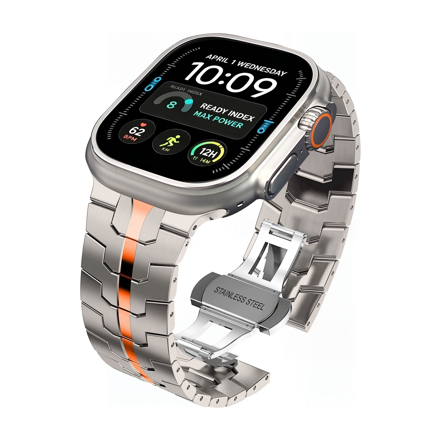 Rozłożone zapięcie motylkowe bransolety Stainless Titanium/Orange – napis Stainless Steel