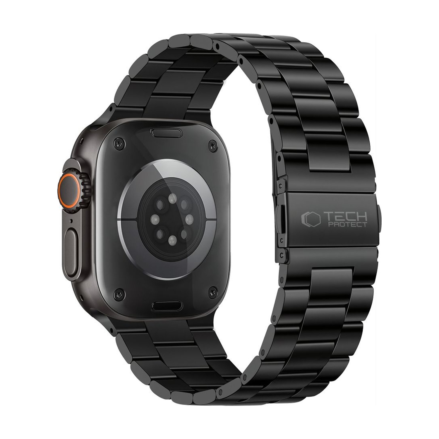 Tył Apple Watch Ultra z czarną bransoletą Stainless – składane zapięcie z logo Tech-Protect